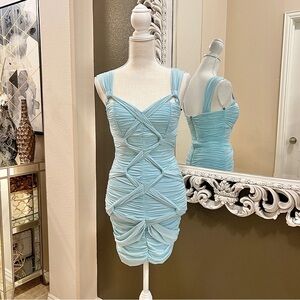 NWT BEBE Knotted Ruched Bodycon DRESS Light Blue XS